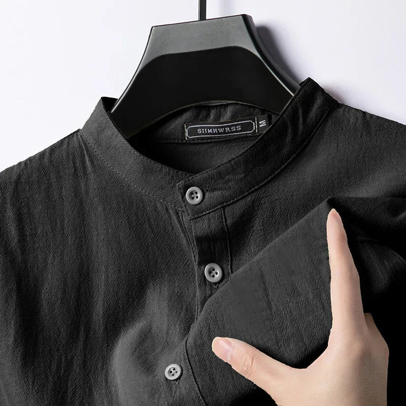 Men’s Linen Cotton Shirt - Lightweight Long Sleeve Henley Beachwear Hawaiian Style Breathable Top