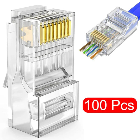 100PCS RJ45 CAT6 CAT5e Pass Through Connectors - Gold Plated 8P8C Ethernet Network Crimp Plugs
