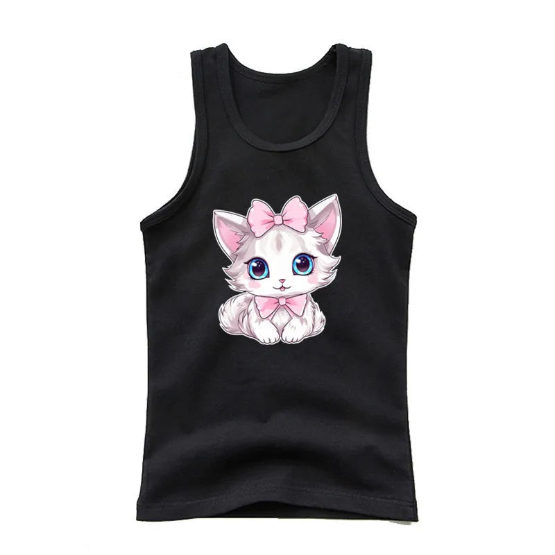 Girls Owl Print Tank Top - Sleeveless Cotton Sports Vest Shirt for Kids 3-14 Years