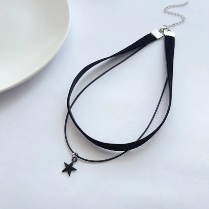 Black Velvet Pentagram Choker - Double Pendant Strap Necklace for Women, Gothic Fashion Accessory