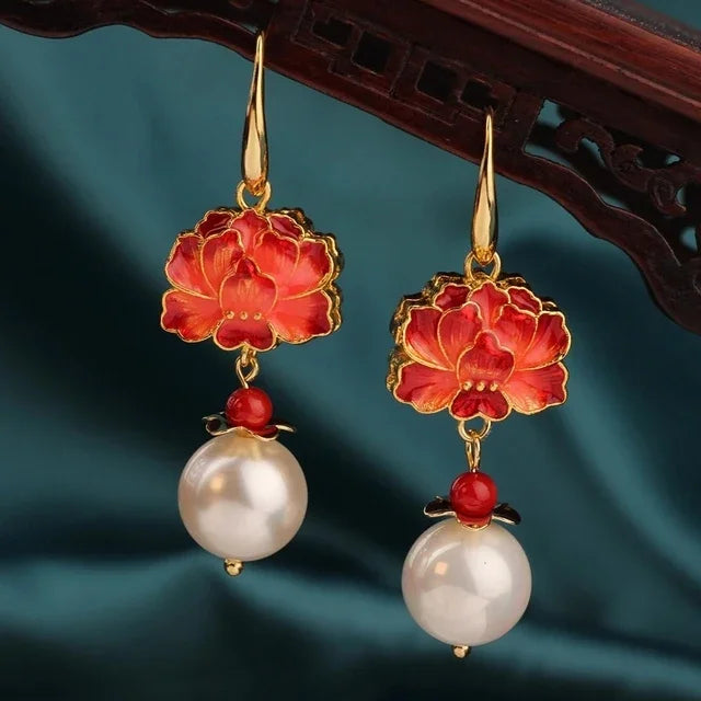 Vintage Flower Drop Earrings - Natural Stone Ethnic Jewelry for Women
