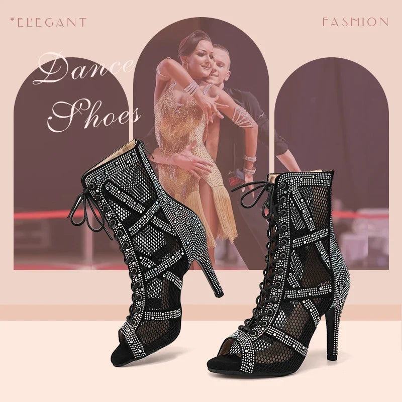 Women’s Rhinestone Latin Dance Boots - Shiny Jazz Dance Shoes with Slim High Heels