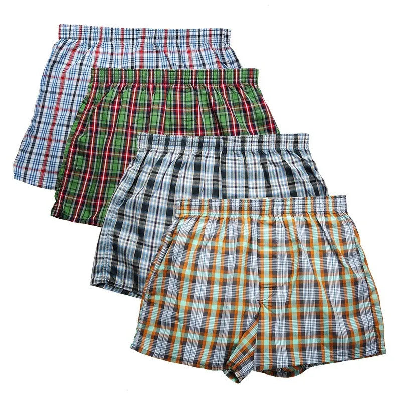 4-Pack Men's Cotton Boxer Shorts - Classic Plaid Woven Loose Fit Breathable Underwear