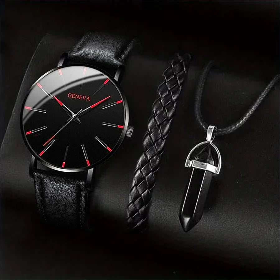 Men’s 3PCS Watch Set – Quartz Analog Business Watch with Leather Band, Necklace & Bracelet Gift Set