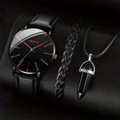 Men’s 3PCS Watch Set – Quartz Analog Business Watch with Leather Band, Necklace & Bracelet Gift Set
