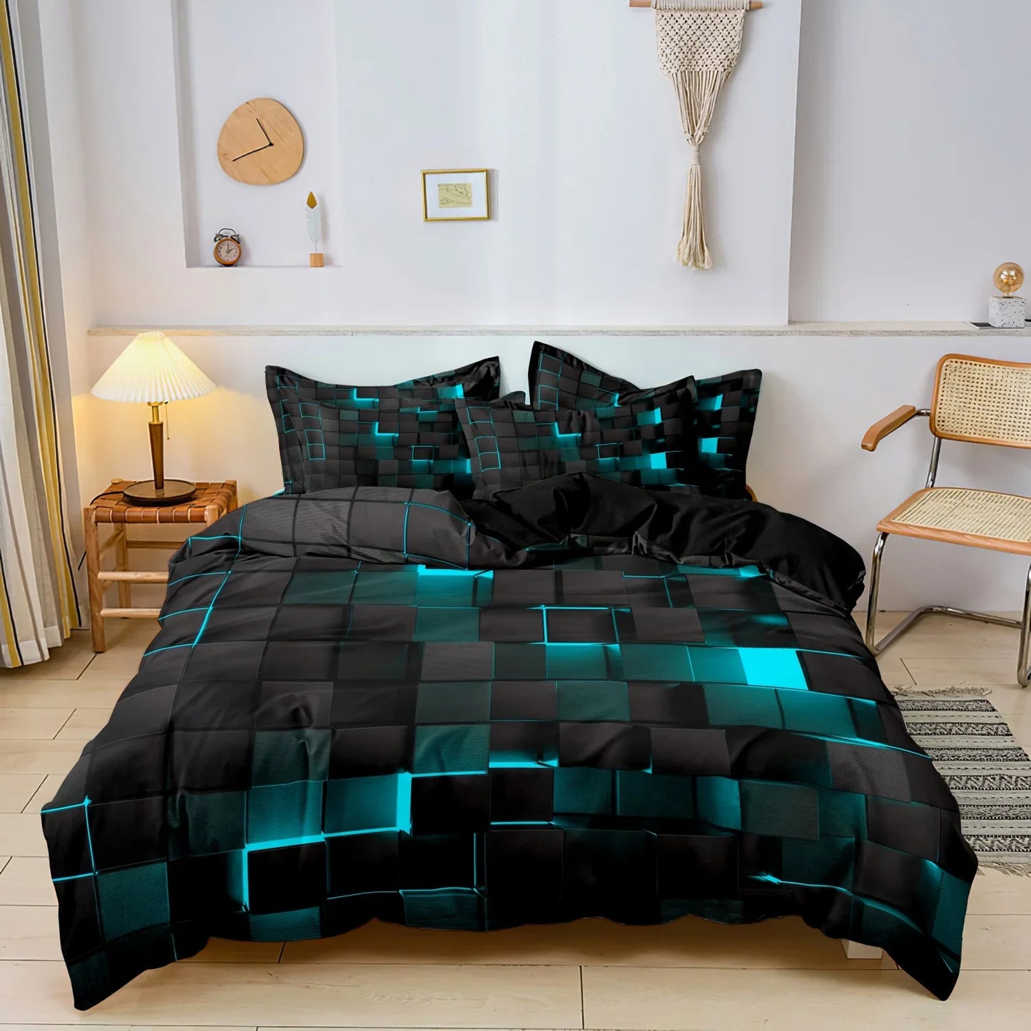 3PCS Geometric Grid Duvet Cover Set - Soft Plaid Bedding with 2 Pillowcases