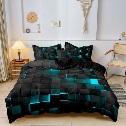 3PCS Geometric Grid Duvet Cover Set - Soft Plaid Bedding with 2 Pillowcases