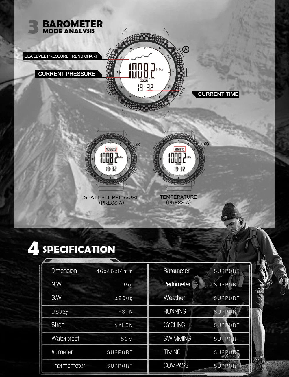 NORTH EDGE APACHE-46 Men’s Digital Outdoor Watch – Altimeter, Barometer, Compass, WR50M Sports Watch