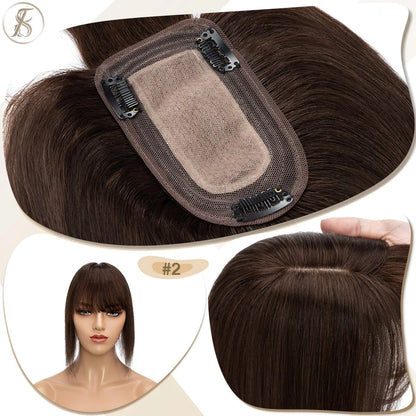 TESS Women Human Hair Topper With Bangs - 7x12.5cm Silk Base Clip In Hair Extension Natural Wigpiece