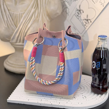 Multicolor Knitted Retro Bucket Handbag – Color-Block Casual Tote Bag, Lightweight & Versatile Everyday Carry Purse
