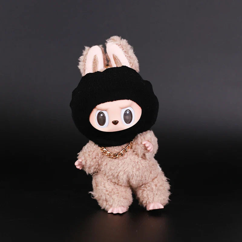 Labubu Doll Accessories – Trendy Black Knit Hat & Necklace Set, Cute and Funny Street Fashion Style