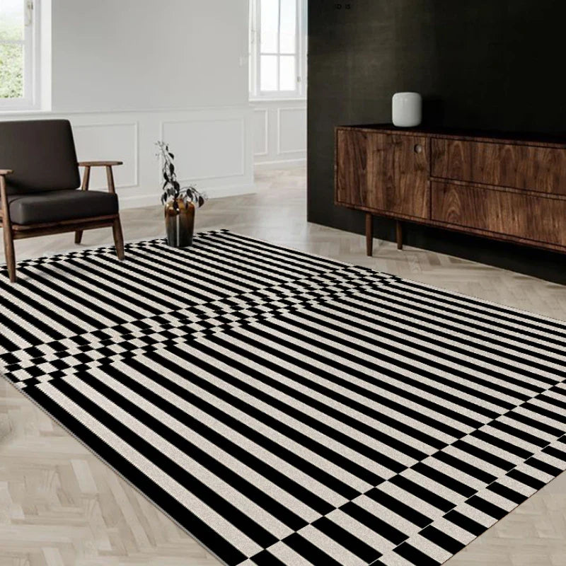 Light Luxury Black & White Plaid Rug — Fluffy Soft Carpet for Bedroom, Living Room, Study, and Home Decor