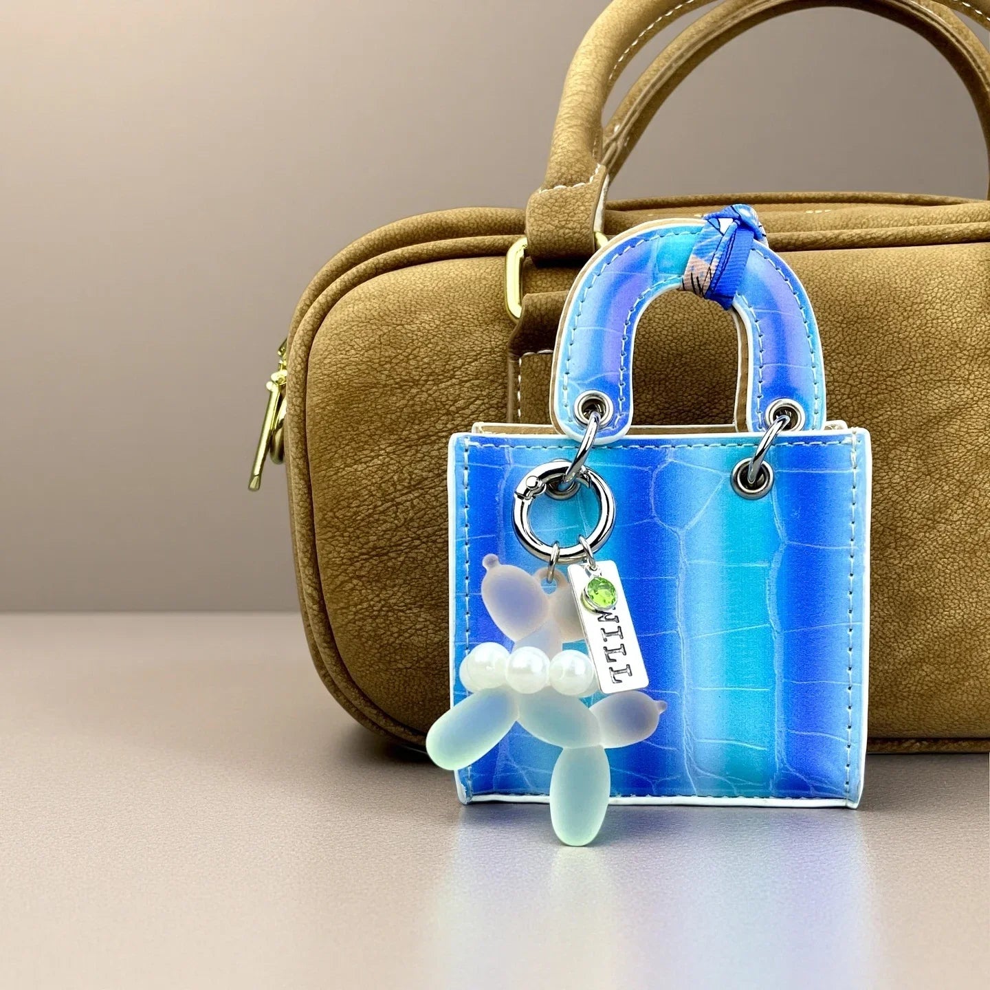 Mini PU Leather Rainbow Bag Charm - Gradient Balloon Dog Keychain Holder for Earbuds, Charger Cable & Gifts