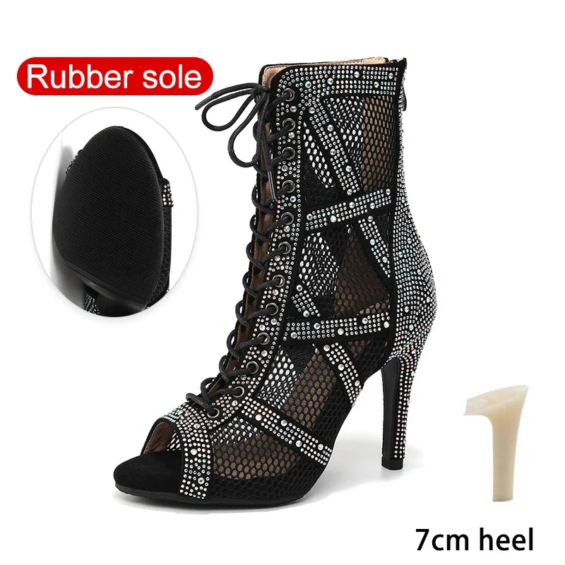 Women’s Rhinestone Latin Dance Boots - Shiny Jazz Dance Shoes with Slim High Heels