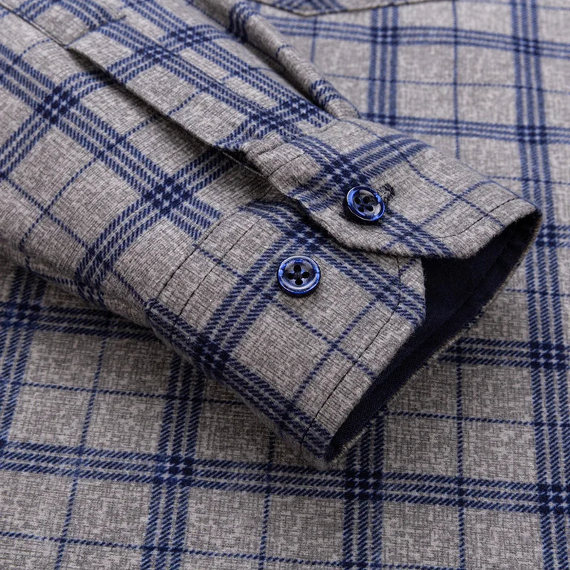Men’s Fleece Plaid Shirt - Warm Thick Long Sleeve Business Check Shirt with Single Pocket for Autumn & Winter