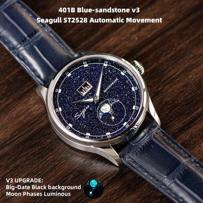 Sugess Moonphase Men’s Automatic Mechanical Watch — 40MM Stainless Steel with Seagull ST2528 Movement and Blue Sandstone Dial
