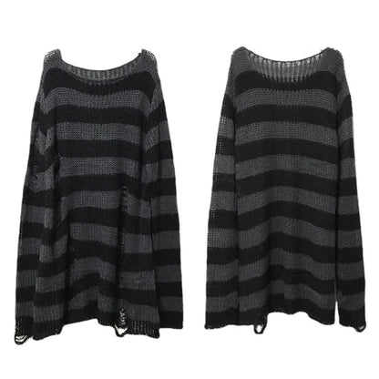New Punk Gothic Unisex Long Sweater - Summer Striped Hollow Out Jumper for Women - Loose Dark Streetwear Top