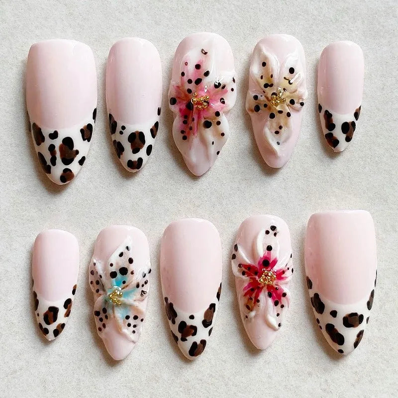 24PCS Strawberry Bow Press On Nails - Red Short Almond Pearl Starlight Floral False Nail Art Tips