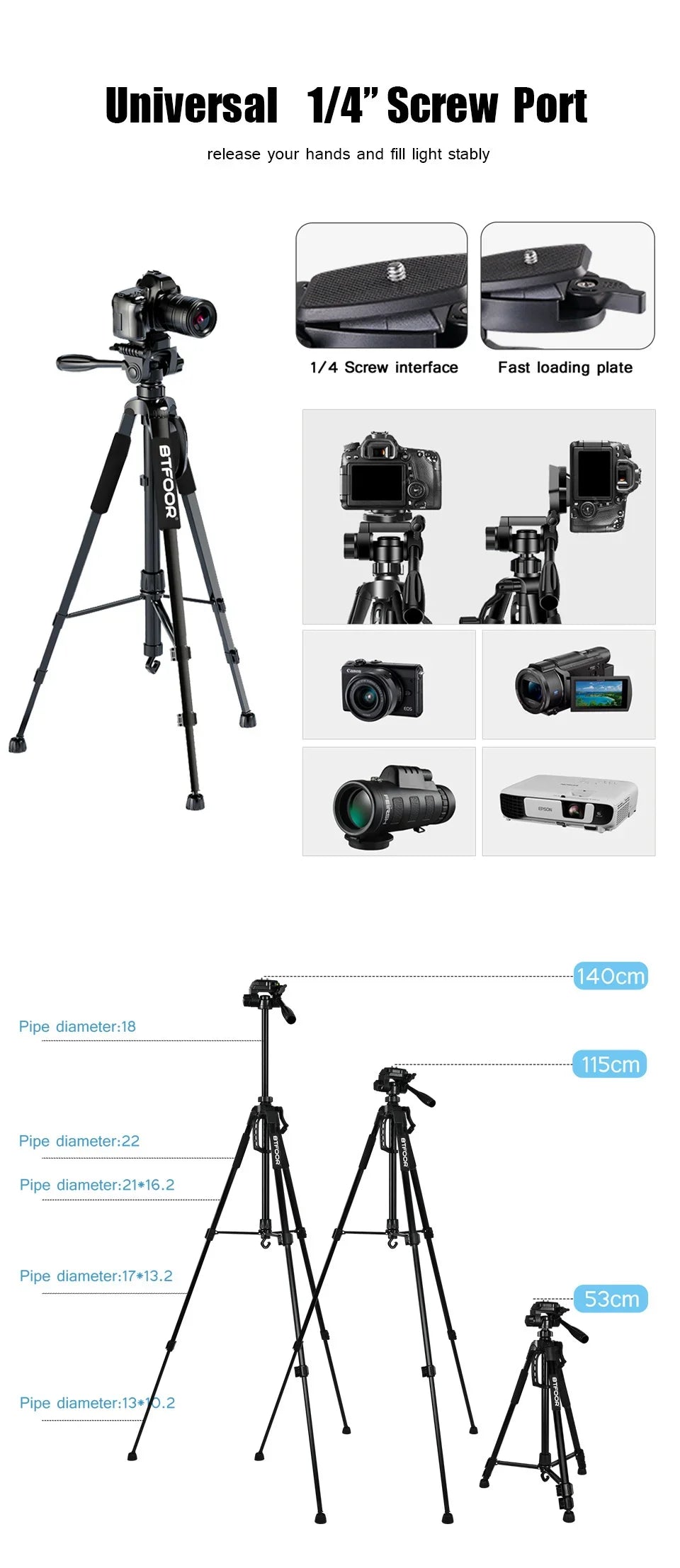 55" Aluminum Travel Tripod – 140CM Tall Stand with Quick Release Plate & Pan Head for Phone, Canon, Nikon, DSLR, SLR Cameras