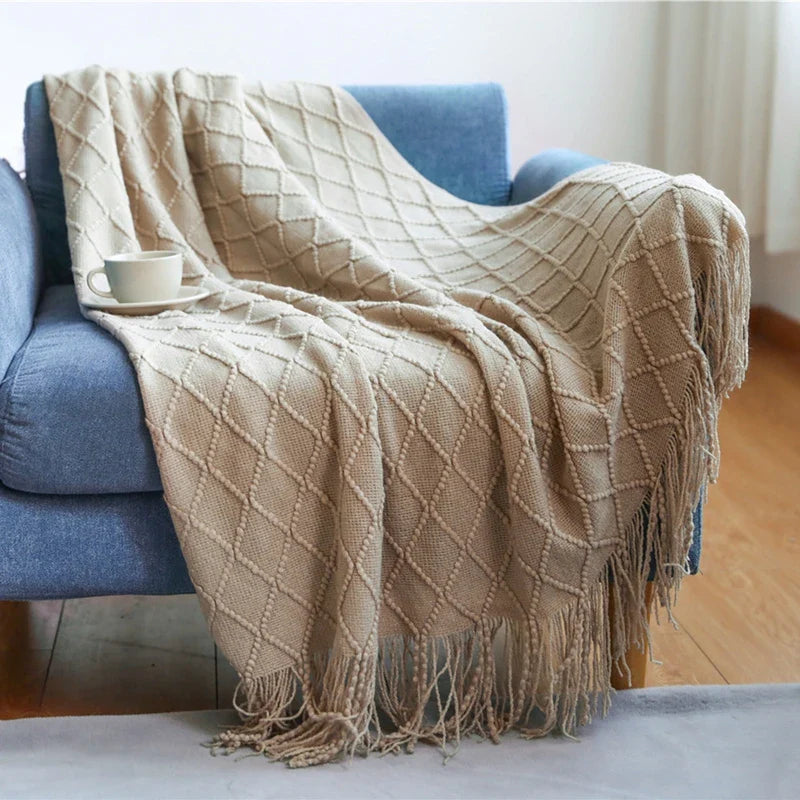 White Boho Throw Blanket – Textured Chunky Knitted Vintage Luxury Bedspread, Sofa Cover Manta Para Sofá