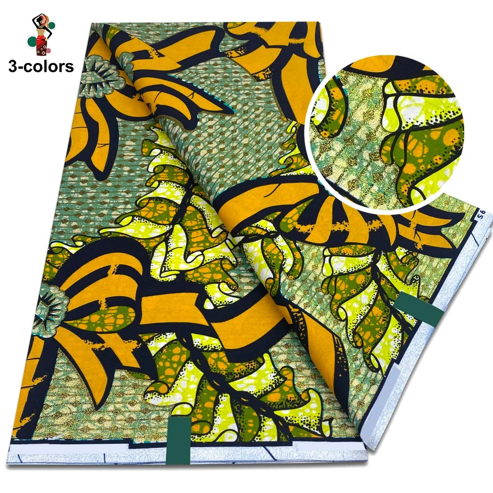 African Glitter Glam Wax Fabric - 100% Cotton Golden Ankara Print 6 Yards