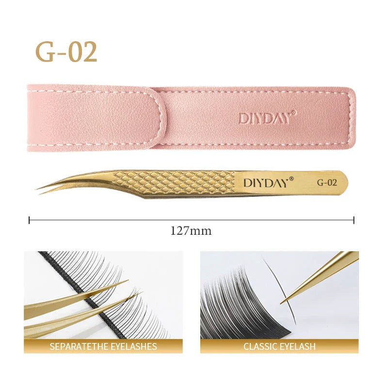 DIYDAY Anti-Slip Eyelash Tweezers — Stainless Steel Precision Fiber Tip for Eyelash Extensions & Makeup Tools