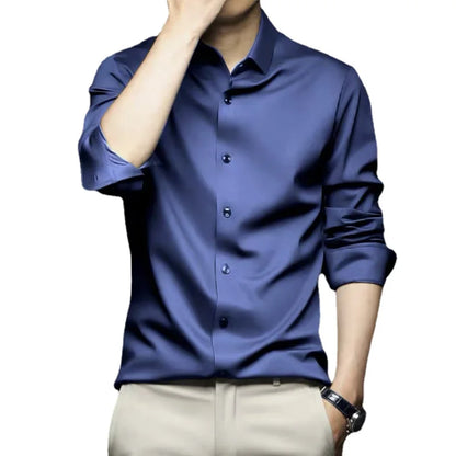 Men’s Luxury White Dress Shirt - Wrinkle-Resistant Ice Silk Glossy Long Sleeve Business Casual Shirt S-6XL