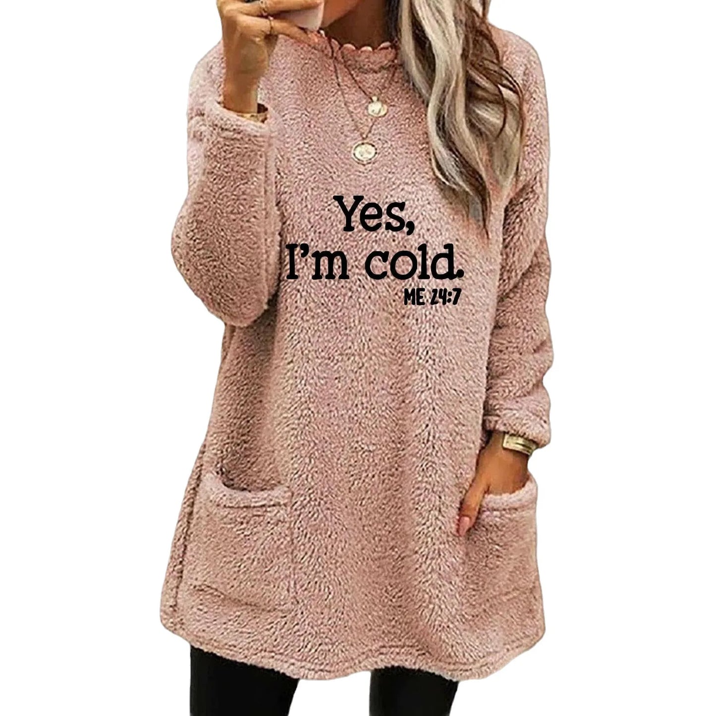 Women's Oversized Fleece Sweatshirt - Letter Print Pocket Long Sleeve Cozy Pullover