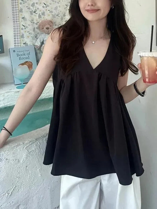 Plus Size V Neck Pleated Tank Top - Loose Casual Sleeveless Women's Fashion Blouse