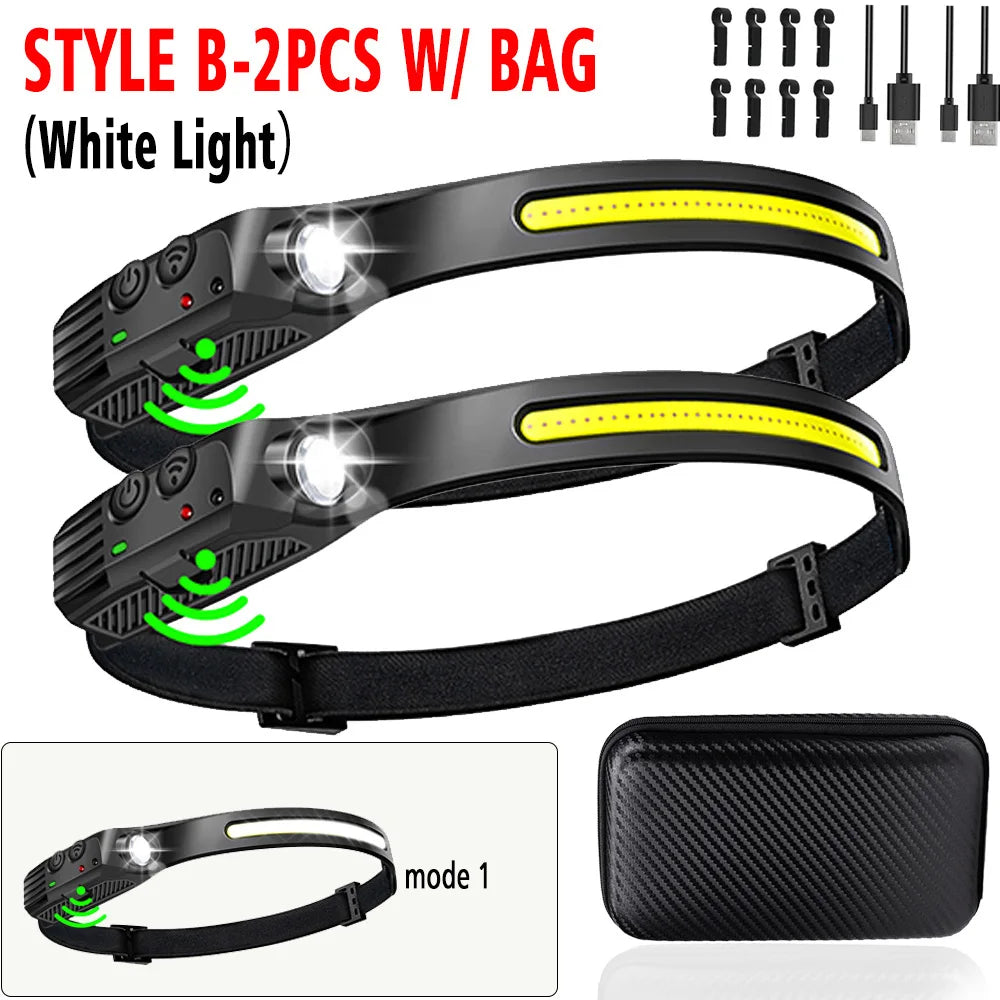 USB Rechargeable LED Sensor Headlamp - XPE + COB Head Torch Flashlight for Camping, Fishing & Outdoor Search Lighting