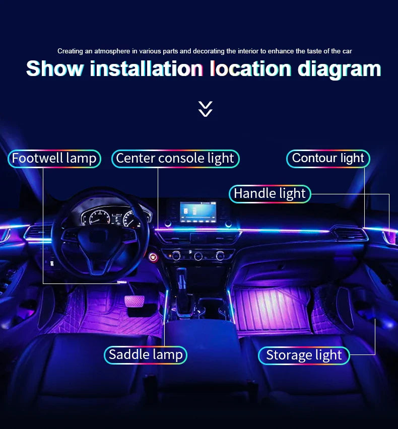 6/10/14/18-in-1 LED Car Ambient Lights – RGB 213 64-Color Acrylic Strips, Rainbow Symphony Streamer Interior Atmosphere Lamp Kit