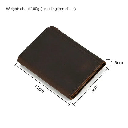Men’s Genuine Leather Short Wallet with Chain – Trifold Zipper Clutch, Card Holder & Coin Purse
