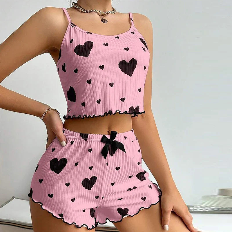 Women's 2PC Pajama Set – Soft Sleeveless Tank & Shorts | Casual Sleepwear with Love Print (S- L, White)