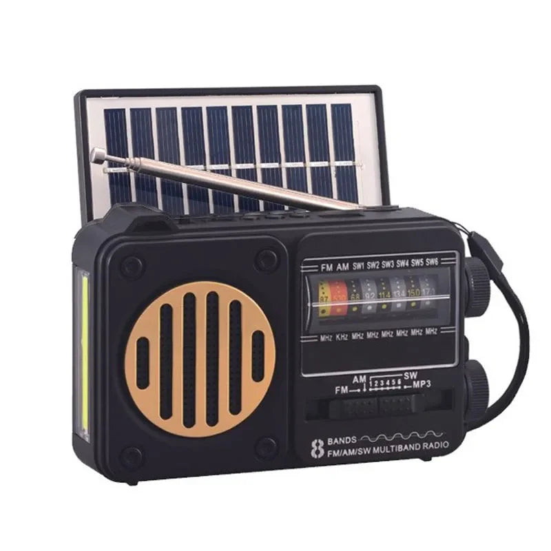 Portable Solar Emergency Radio – FM/AM/SW1-6 Multi-Band Receiver with Bluetooth Speaker, Flashlight, TF Card & USB MP3 Player Outdoor Survival Device