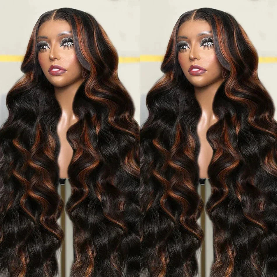 Ombre Highlight Body Wave Wig – 13x4 Lace Front, 1B/30 Black Brown HD Brazilian Human Hair Wig for Women