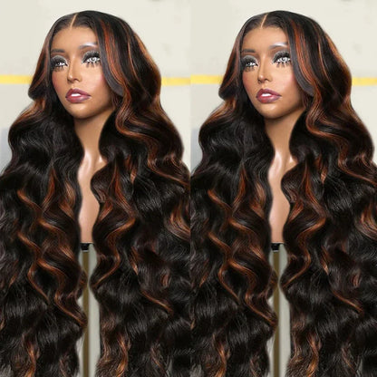 Ombre Highlight Body Wave Wig – 13x4 Lace Front, 1B/30 Black Brown HD Brazilian Human Hair Wig for Women