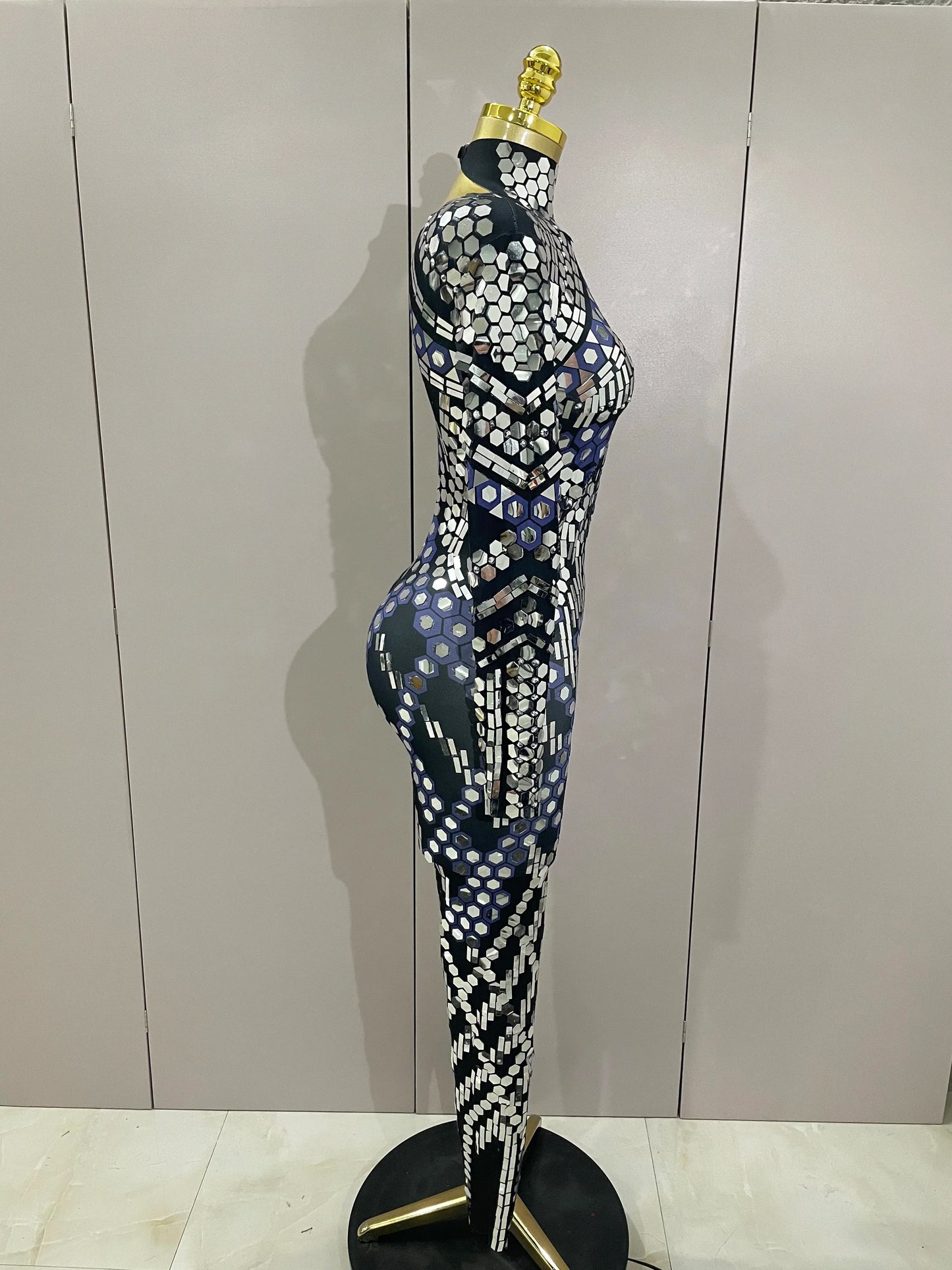 Sexy Shiny Silver Sequin & Black Spandex Jumpsuit — 2025 Women’s Prom, Dancer & Stage Performance Costume