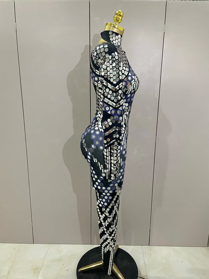 Sexy Shiny Silver Sequin & Black Spandex Jumpsuit — 2025 Women’s Prom, Dancer & Stage Performance Costume