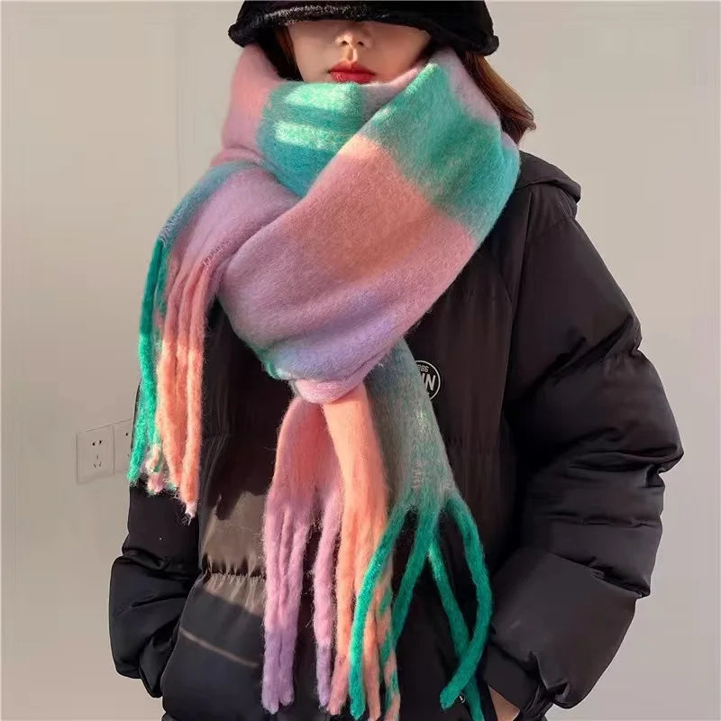 2025 Women's Winter Thick Cashmere Scarf – Warm Pashmina Shawl with Rainbow Tassels & Wraps