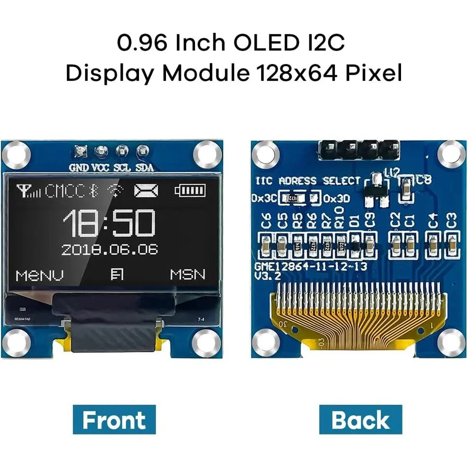 0.96-Inch OLED Display Module 128x64 I2C IIC - SSD1306 3.3V-5V Screen for Arduino ESP32 ESP8266