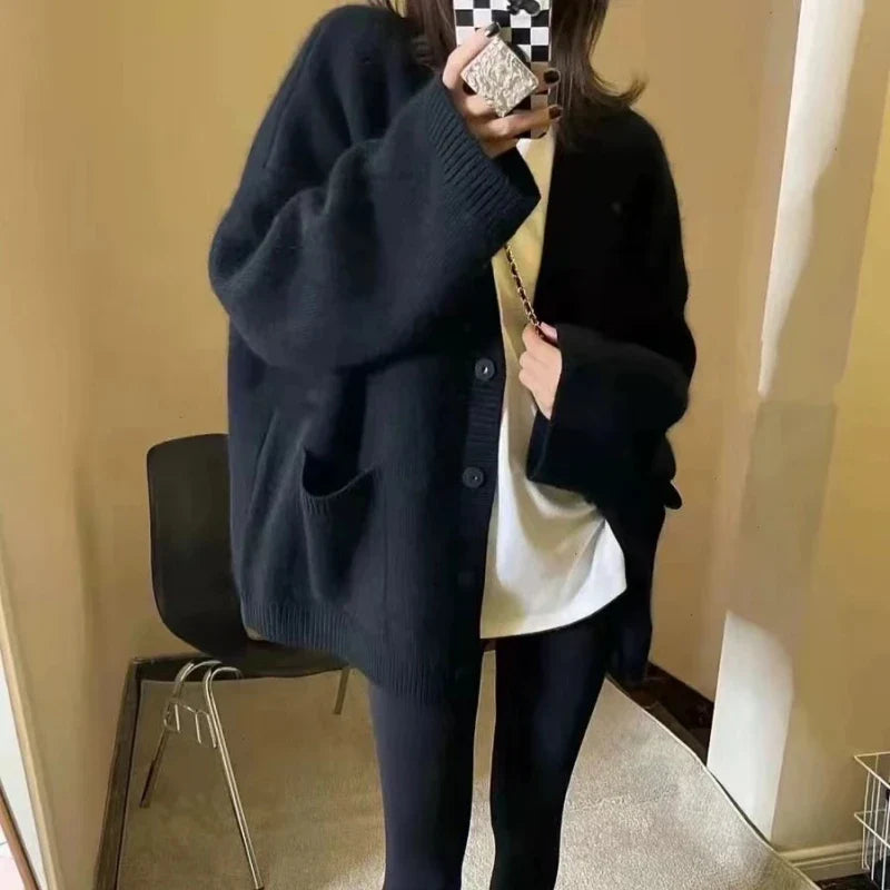 Korean Black V-Neck Knitted Cardigan – Single-Breasted Long Sleeve Loose Casual Women’s Sweater