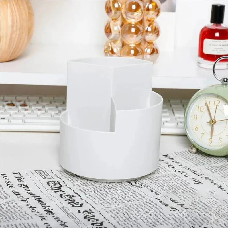 Rotating Pen Holder Organizer - 3 Slot Desktop Stationery & Makeup Brush Storage Box for Office and School