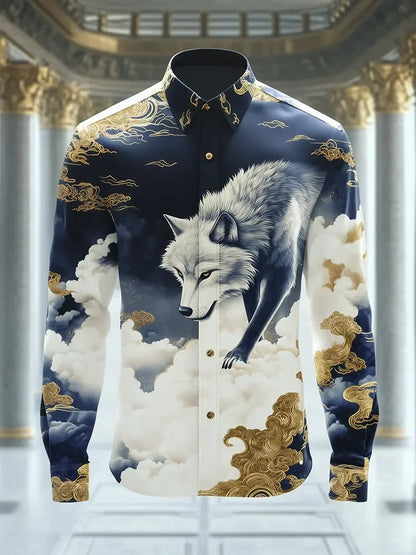 Men’s Geometric Diamond Wings Shirt - Orange Bottom Printed Long Sleeve Satin Collar Dress Shirt