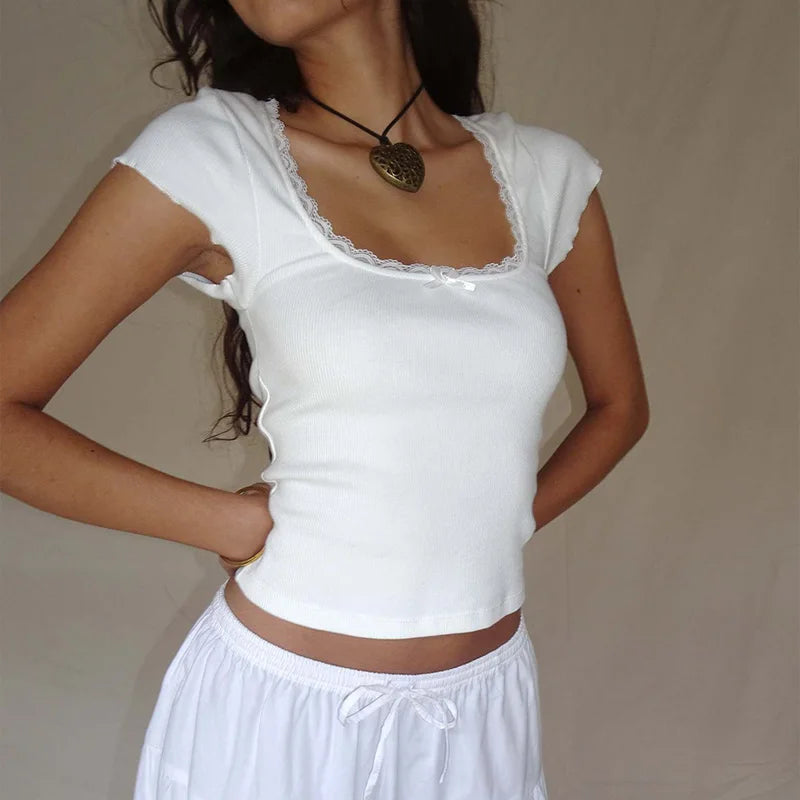 Y2K Vintage Lace Trim Baby Tee - Women's Square Neck Knitted Crop Top Summer Short Sleeve Shirt