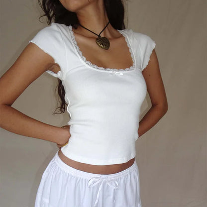 Y2K Vintage Lace Trim Baby Tee - Women's Square Neck Knitted Crop Top Summer Short Sleeve Shirt