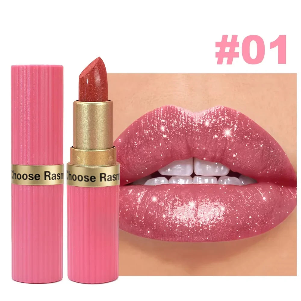 Pearlescent Pink Glitter Lipstick - Waterproof Long-Lasting Matte Metallic Shimmer Makeup