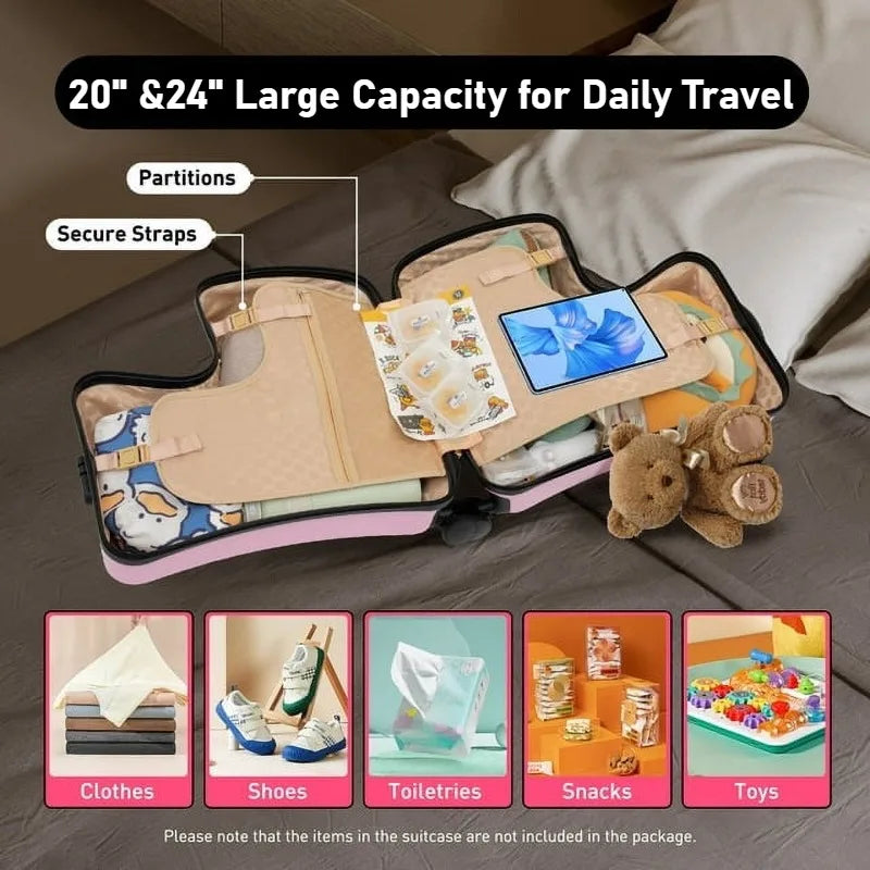 Kids Scooter Ride-On Suitcase – 360° Wheel Luggage with Pedal, Handrail, Removable Seat Belt, 20/24 Inch Cabin Bag