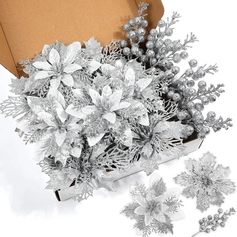 22PCS Christmas Decoration Set – Artificial Flowers & Berry Bouquet Ornaments for Tree, Home Decor, and Holiday Gifts