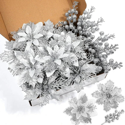 22PCS Christmas Decoration Set – Artificial Flowers & Berry Bouquet Ornaments for Tree, Home Decor, and Holiday Gifts