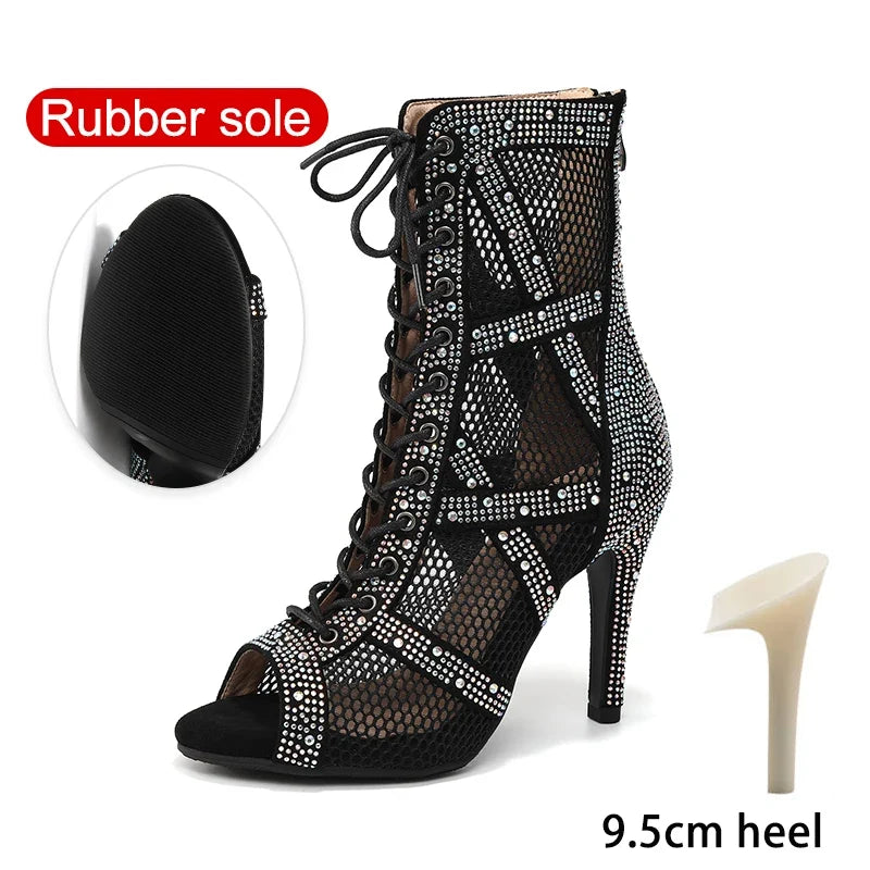 Women’s Rhinestone Latin Dance Boots - Shiny Jazz Dance Shoes with Slim High Heels